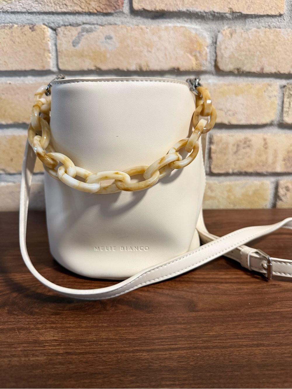 Melie Biianco Cream Crossbody Bag with Tortoiseshell Link Handle
